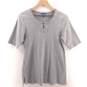 Karen Scott Women Top Short Sleeve Size M Grey Split Neck Hardware Cotton